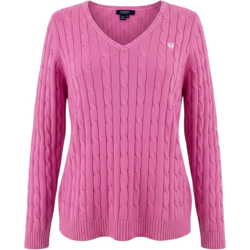 Chaps Sweater Womens 1X Pink Cable Knit V-Neck Cotton Preppy Classic Barbiecore